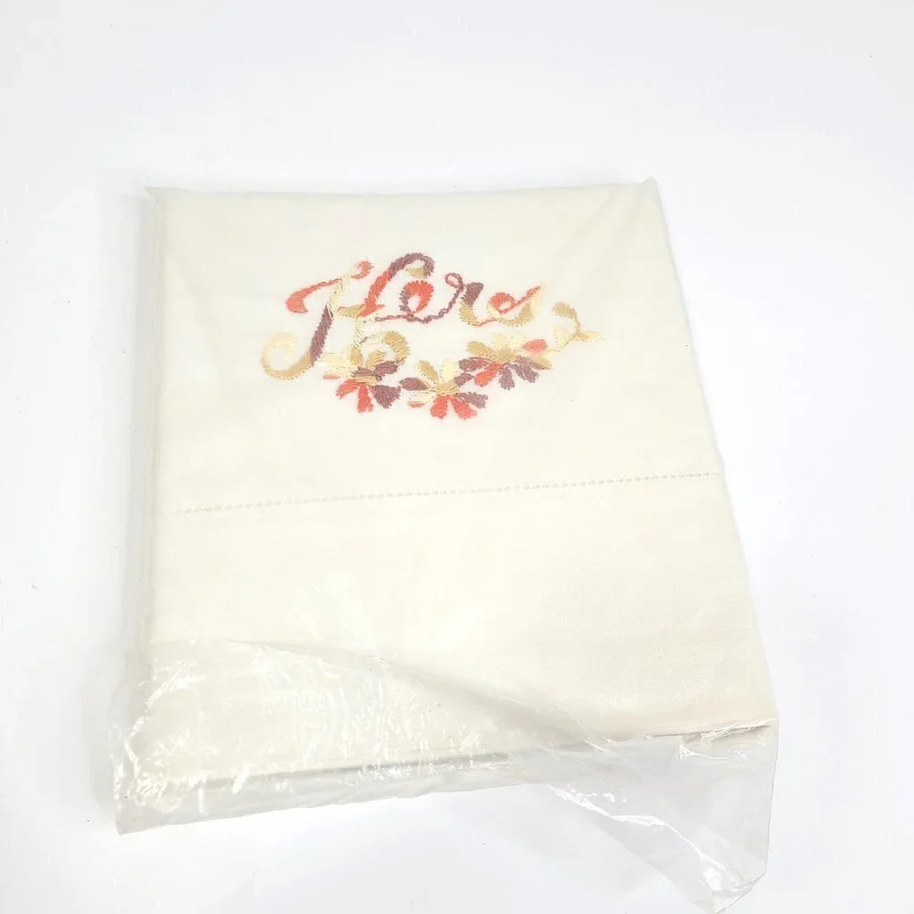 Vintage Riegel Pillow Cases Embroidered White Orange Fall Floral His & Hers USA